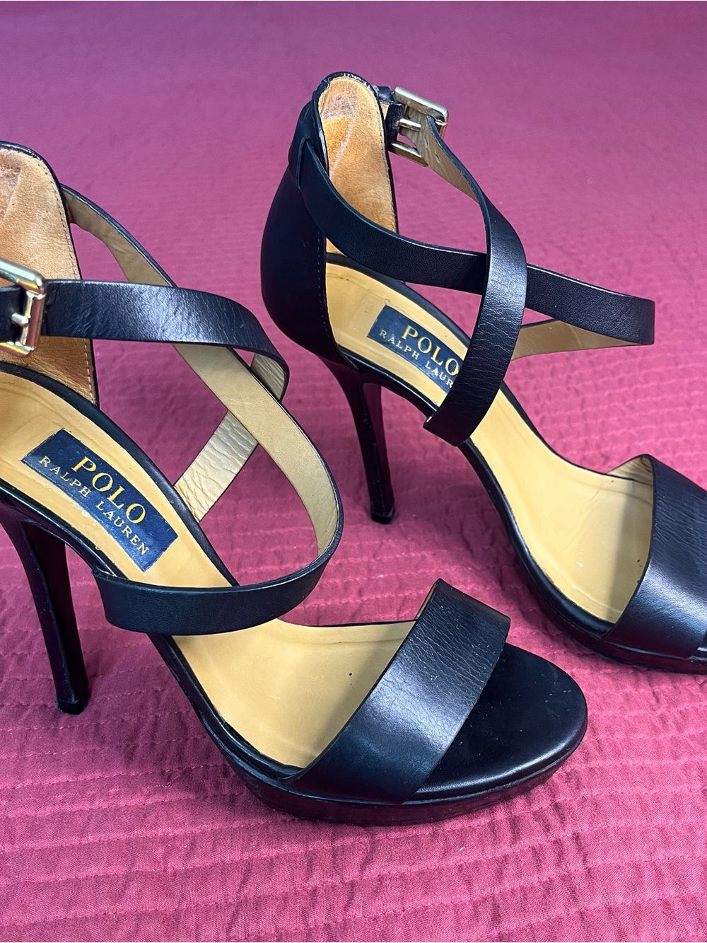 Polo Ralph Lauren Black Leather Strappy Platform Stiletto Sandals Size 8 / 38.5